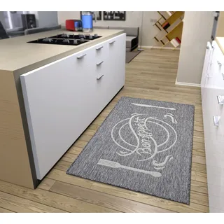HANSE HOME Bon Appetit Teppich Läufer – Küchenteppich Küchenläufer mit Schriftzug, rutschfest Pflegeleicht Robust, ÖKO-TEX Teppichläufer für Küche, Flur, Esszimmer – Grau Creme, 92x150cm
