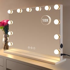 HOMPEN Hollywood Spiegel mit Lichtern, beleuchteter Make-up-Spiegel mit 12 Dimmer-Glühbirnen, Tisch- oder Wandmontage, Hollywood-Stil, großer Kosmetikspiegel mit 3 farbigen Lichtern –Weiß
