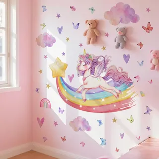 WandSticker4U®- Wandtattoo EINHORN REGENBOGEN XXL (126x79 cm) I Wandsticker Kinderzimmer Mädchen Einhorn Regenbogen Prinzessin Fee Sterne I Wandaufkleber Kinderzimmer Deko Mädchen Babyzimmer GROß
