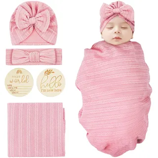 Vicloon Neugeborene Empfangsdecke, Neugeborene Swaddle Decke mit Stirnband Set, Decke Neugeborenen Swaddle, Neugeborenes Baby Schlafsack für Baby Boy Mädchen Schlafsack(Rosa)
