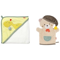 Fehn Badetuch Baby Dino - Badehandtuch Kinder Poncho aus Frottee & Waschlappen Bär - Waschhandschuh mit Tiermotiv