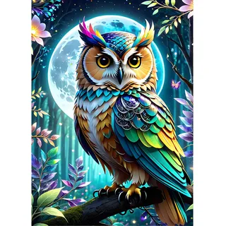 QINRUBB Eule Diamond Painting Erwachsene, 5D Mond Nacht Diamant Painting Bilder Anfänger, DIY Traumland Runder Vollbohrer Diamanten Malerei Stickerei Kreuzstich Geschenke Home Wand Dekor 30x40cm