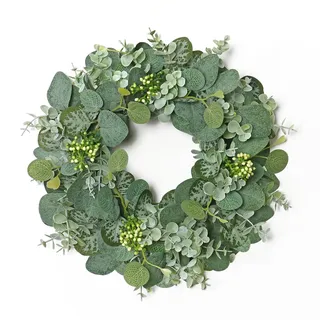 UXORSN Kranz für Haustür 30cm Künstliche Eukalyptus Türkranz Frühlings Sommer Deko Grünkranz mit Beeren Grüner Blatt Willkommen Kränze Türkranz Ganzjährig für Wände Fenster Bauernhaus Türdekoration