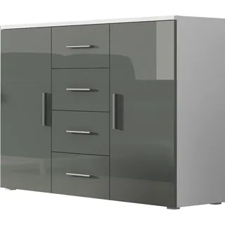Furniture24 Kommode Uni - SOHO Sideboard mit 4 Schubladen, 2 Türen Weiß/Grau Hochglanz - Schwarz
