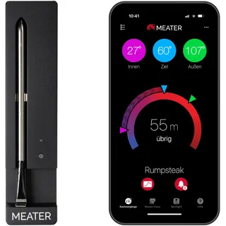 MEATER SE [NEU] - Das Kabellose, Smarte Fleischthermometer mit Bluetooth | Hohe Reichweite | Misst Kern- und Umgebungstemperatur | BBQ, Ofen, Grill, Küche, Smoker, Rotisserie, mit schwarzem Ladegerät