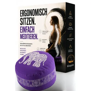 KlarGeist Ergo - Ergonomisches Meditationskissen – Das Yoga Kissen & Yogakissen rund | Yoga Sitzkissen Rund | Bodenkissen zum sitzen | Zafu mit Buchweizenschalen | Meditation Cushion Elefant Lila