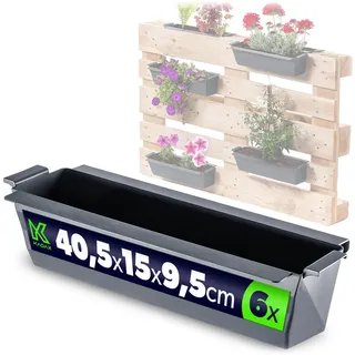 KADAX Paletten Blumenkasten 6er Set Für Europaletten, Pflanzkasten Mit Hängesystem, 37x9 cm Anthrazit, Ideal Zum Bepflanzen & Dekorieren Als Balkonkasten, Blumentopf-Einsatz & Übertopf