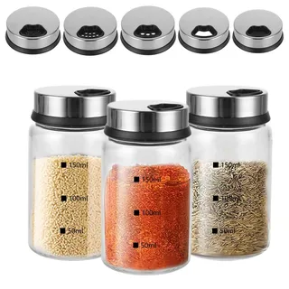 AKOLAFE 3 Stück Gewürzgläser mit Drehdeckel 150ml Gewürzstreuer Glas 6x9,5cm Luftdicht Gewürzdosen mit 4 Arten von Gewürzlöchern Rund Salzstreuer aus Borosilikatglas der Küche, Grillen, Koche