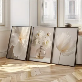 AQCQDQ 3er Beige Poster Set, Boho Weiße Blumenbilder, Modern Premium Beige Wandbilder, Natur Leinwandbilder für Wohnzimmer Schlafzimmer – Ohne Rahmen (21x30 cm,E)