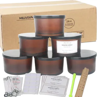 MILIVIXAY Set mit 6 Kerzengläsern von 700 ml mit Metalldeckeln und Kerzenherstellungs-Kits – Kerzenglas mit 3 Dochten, leere Glasgefäße aus dickem, mattem, bernsteinfarbenem Glas für die Herstellung