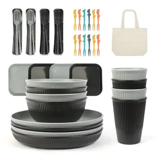 ZgoEC 49pcs Camping Geschirr Set 4 Personen, Stapelbar, Tragtasche, Leicht