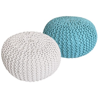 kreatives Wohnen Pouf Set 2 Stück Strickhocker Bodenkissen Grobstrick-Optik Ø 55 cm H 37 cm weiß & Mint Sitzhocker