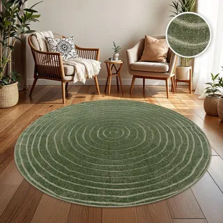 TT Home In-& Outdoorteppich Wetterfest Balkon Schlafzimmer Boho Skandi Motiv Unifarben Geometrische Optik Moderner Style Größe 120 cm Rund - Grün