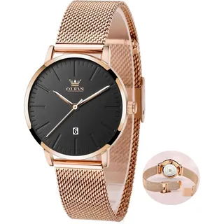 Damenuhr Edelstahl, Lässig Klein Armbanduhr Damen Wasserdicht, Moderne Analog Uhr Damen mit Mesh Armband, Ultradünne Damen Uhr mit Diamant Herz