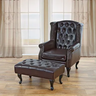 Sessel Relaxsessel Clubsessel Ohrensessel Chesterfield, Kunstleder antik-braun mit Ottomane - Braun