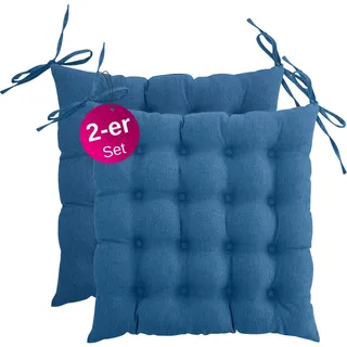 wometo 2er Set Sitzkissen 40x40 Oeko-TEX mit Bändern/Schleifen türkis | gesteppte Sitzpolster / Stuhlkissen mit Steppung für Indoor und Outdoor, drinnen und draußen nutzbar, im Doppelpack
