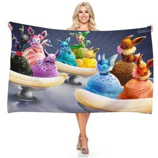 Anime Pokemon Strandtuch Pikachu Eevee Squirtle Bulbasaur Badetücher Picknickmatte - creme/braun - 140x180cm