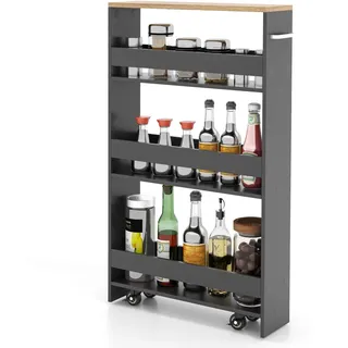 Costway Nischenwagen 20cm breit, 4 Etagen Servierwagen auf Rollen, mit Griff&Geländern, Badregal Holz, 47,5x20x80,5cm Weiß/Braun