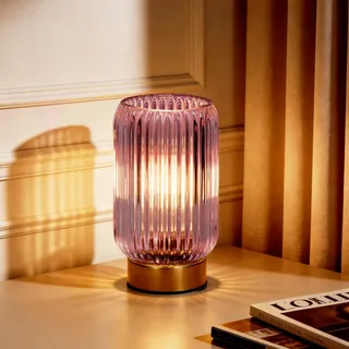 MJ PREMIER Tischlampe Kabellose, Violette Glaslampe mit vertikalen Rillen | Tischleuchte Batteriebetrieben mit Timer, Warmlicht Retro Nachttischlampe, Tragbare Deko Lampe als Geschenk für Innenräume