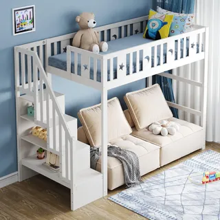 Flieks Etagenbett 90x200cm mit Treppe, Kinderbett mit Rausfallschutz und Lattenrost, Hochbett Einzelbett Stockbett Klassisches Kinderbett, Weiß - Weiß