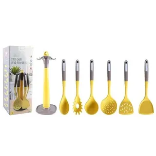 Küchenutensilien-Set aus lebensmittelechtem Silikon – BPA-freies 8-teiliges Set – Haushaltszubehör – Schaumlöffel – Schöpflöffel – Pinsel – Pfannenwender – Gelb, 6-teilig