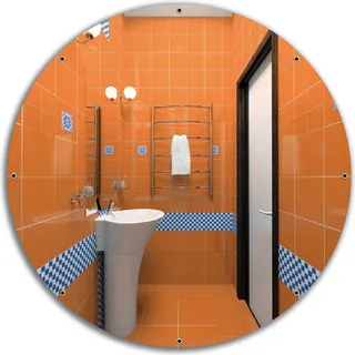 Wallario rundes Outdoor-Poster für Garten oder Balkon, Motiv Modernes Badezimmer in orange mit blauen Fliesen, 60 cm Durchmesser - Braun