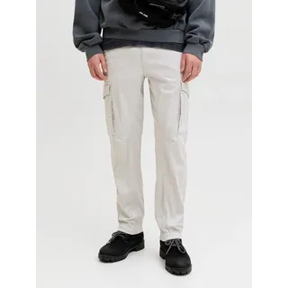 Cargohose JACK & JONES "PAUL FLAKE", Herren, Gr. 28, Länge 32, beige (glacier gray), Web, Obermaterial: 98% Baumwolle, 2% Elasthan, unifarben, bequem normal, Hosen Cargohose, Baumwollmischung, regular fit