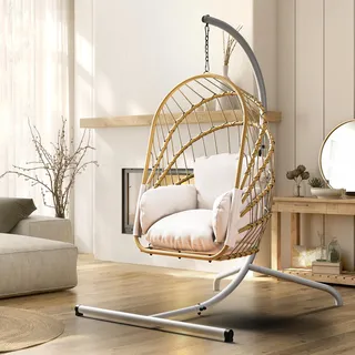YITAHOME Hellbeige Hängesessel mit Gestell, Rattan-Korb Schaukelstuhl mit strapazierfähiger Polsterung, 160 kg Tragfähigkeit, Garten, Schlafzimmer, Balkon, Outdoor oder Indoor Schaukel Sessel