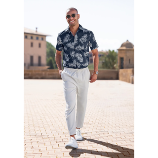 Hawaiihemd JOHN DEVIN "Regular fit", Herren, Gr. XXXL (47/48), N-Gr, blau (navy, creme), Web, Obermaterial: 100% Baumwolle, gemustert, regular fit, Rundhals, abgesteppte Kante, Hemden Hawaiihemd, Kurzarm, Freizeithemd mit Palmenprint aus reiner Baumwolle, Topseller
