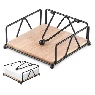 Serviettenhalter Schwarz, Serviettenspender mit Beschwertem Spannarm, Serviettenständer, Servietten Halterung, Napkin Holder Eisenrahmen und Holz-Sockel
