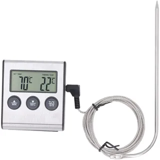 Digitales Bratenthermometer mit Sonde, 250 °C/482 °F Lebensmittelthermometer mit Küchenuhr, Fleischthermometer zum Kochen, Zum Grillen, Backen Grill, Magnetischer Rücken Ständer, Edelstahl