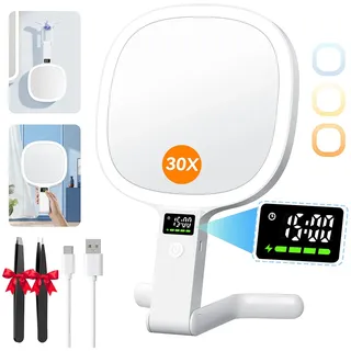 Auxmir Kosmetikspiegel mit Beleuchtung LED Display für Zeit/Akku/Helligkeit, 30X / 1X Schminkspiegel mit 3 Farben, Faltbar Vergrößerungsspiegel Reisespiegel Tischspiegel mit Licht für Zuhause Reise