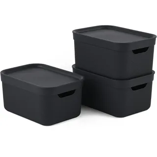 Rotho Jive Dekobox 3er-Set Aufbewahrungsbox 5l mit Deckel, Kunststoff (PP recycelt), dunkelgrau, 3x5l (27.8 x 19.5 x 22.4 cm), Schwarz, Nicht zutreffend