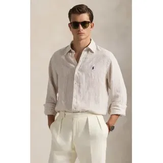Polo Ralph Lauren für Herren. 710B15594006 Leinenhemd mit beigen Custom Fit-Streifen (XL), Lässig, Langarm