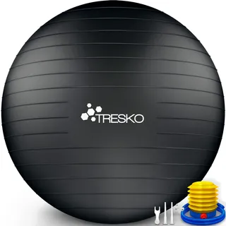 TRESKO Gymnastikball mit GRATIS Übungsposter inkl. Luftpumpe - Yogaball BPA-Frei | Sitzball Büro | Anti-Burst | 300 kg,Schwarz,55cm (für Körpergröße unter 155cm)