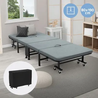 ECD Germany Gästebett 80x190 cm, Klappbares Einzelbett mit Matratze/Polster, Reisebett auf 8 Rädern, Stahlrahmen - Grau