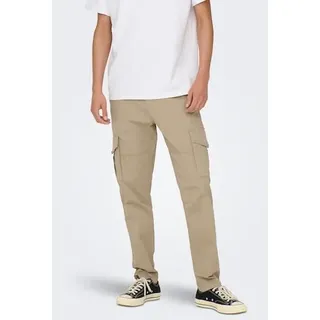 Cargohose ONLY & SONS "OS ONSDEAN LIFE TAP CARGO", Herren, Gr. 29, Länge 32, beige (crockery), Web, Obermaterial: 98% Baumwolle, 2% Elasthan, unifarben, regular fit normal, Hosen Cargohose