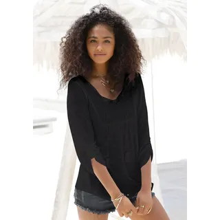 Strandshirt BUFFALO, Damen, Gr. 48/50, schwarz, Jersey, Obermaterial: 100% Viskose. Einsatz: 100% Baumwolle, unifarben, figurumspielend hüftlang, Rundhals, mit Riegel, Shirts Strandshirt, mit Stickerei und Quasten, Tunika, 3/4-Arm, Blusenshirt, Topseller