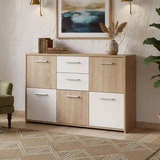 Dmora - Kommode Lubeck, Wohnzimmerbuffet, Wohnzimmer-Sideboard, Moderne Küchen-Speisekammer, 115x30 h77 cm, Weiß und Eiche