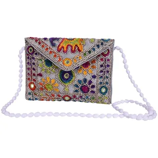 Craft Trade Rajasthani Mini Clutch-Taschen für Frauen Indisch Jaipuri-Kunst Clutch Handtasche für Damen Handbestickte Clutch Umhängetasche für Hochzeits Party und Geschenke - Silber
