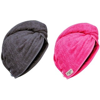 Carenesse Haarturban Baumwolle 2er Set I 2X stabiles Turban Handtuch mit Knopf & Schlaufe pink/grau I Haarhandtuch saugstark zur schonenden Haartrocknung OHNE Plastik