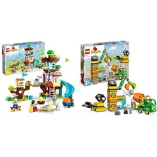 LEGO DUPLO 3-in-1 Baumhaus Spielzeug für Kleinkinder ab 3 Jahren & DUPLO Baustelle mit Baufahrzeugen, Kran, Bulldozer und Betonmischer-Spielzeug