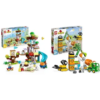 LEGO DUPLO 3-in-1 Baumhaus Spielzeug für Kleinkinder ab 3 Jahren & DUPLO Baustelle mit Baufahrzeugen, Kran, Bulldozer und Betonmischer-Spielzeug