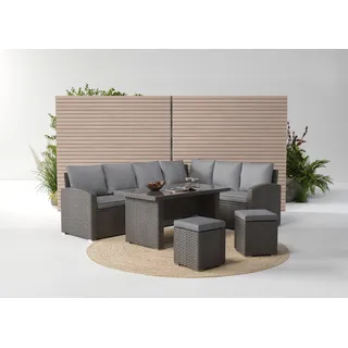 KONIFERA Gartenlounge-Set »London«, (Set, 17 tlg., 2x3er Sofa, 2x Hocker, 1x Tisch 140x80x66cm, inkl. Auflagen), inkl. Schutzhülle, Aluminium, Polyrattan, grau