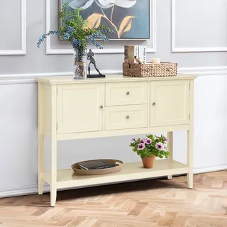 COSTWAY Konsolentisch Flurtisch mit 2 Schubladen und Schränken, Buffet-Tisch Beistelltisch Holz, Sideboard Esskommode für Wohnzimmer Flur Büro - Beige