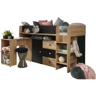 Feldmann-Wohnen Hochbett Smart Artisan Eiche / schwarz 106 / 203 / 125cm Leiter rechts , Braun, Schwarz , Holz , 4 Fächer , Rechteckig,Rechteckig , 90x200 cm , Babymöbel & Kindermöbel, Kinderzimmer & Jugendzimmer, Kinderbetten, Hochbetten