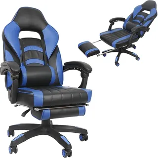 Gamingstuhl Blau/Schwarz Chefsessel Drehstuhl Bürositz Schreibtisch Fußstütze - Blau