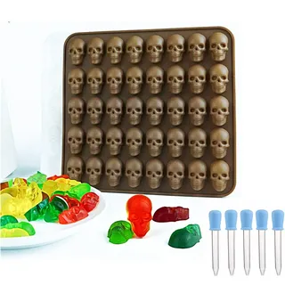 Joyeee Halloween-Silikonformen, Totenkopf mit 40 Mulden und 5 Tropfer, Pralinenformen für Buntstift, Gelee, Fondant, Harzkekse, Zufallsfarbe