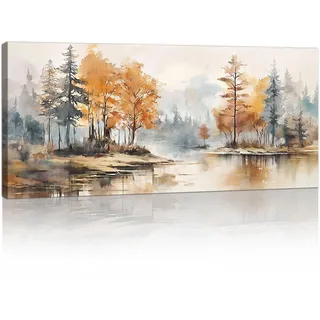 FajerminArt Großes Leinwandbilder Bilder Mit Rahmen, Modern Wälder am See Aquarell bild auf leinwand Wandkunst Orange Waldlandschaft Wandbilder XXL Kunstdruck Deko für Wohnzimmer Schlafzimmer 120x50cm