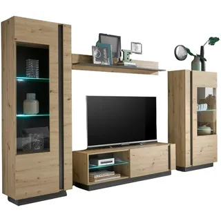 furn.design Wohnwand 4-teilig Eiche Artisan, Graphit grau 290 cm, Schrankwand mit Soft-Close , Eiche Artisan, Grau , Holzwerkstoff , Nachbildung,Eiche , Holz Optik, Uni , 8 Fächer , 290x194x40 cm , Wohnzimmer, Wohnwände